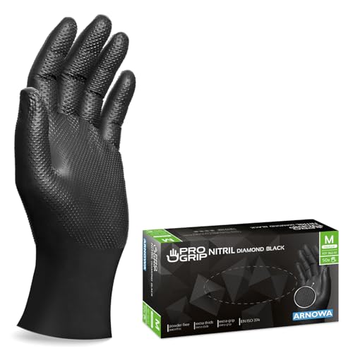 50x PROGRIP Guanti nitrile M Nero [Extra resistenti], Guanti monouso plastica, 2x più spessi, con finitura diamantata, Guanti in nitrile per industria e montaggio, guanti lavoro
