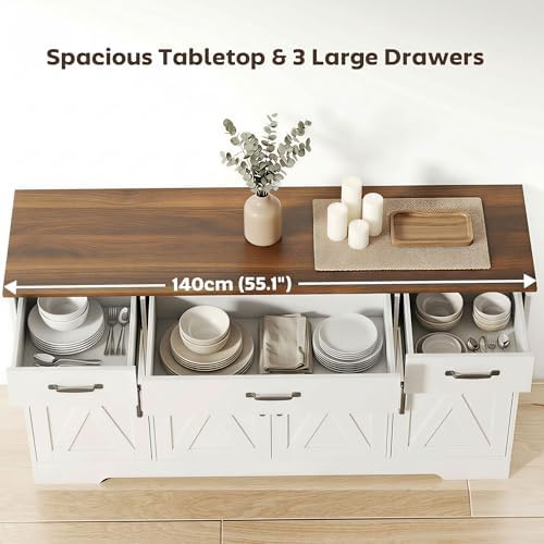 HOMCOM Sideboard Buffet Cabinet, 55" Farmhouse Kitchen Storage Cabinet with 4 Barn Doors, 3 Drawers, 3 Adjustable Shelves, Coffee Bar Station, TV Stand for TVs up to 60 Inch, White - 4