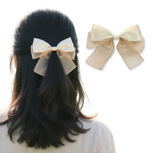 蝶結び バレッタ オーガンジー リボン ヘアクリップ 透け感 大きい ポニーテール 髪飾り シフォン 髪留め 卒業式 結婚式 パーティー (ベージュ)