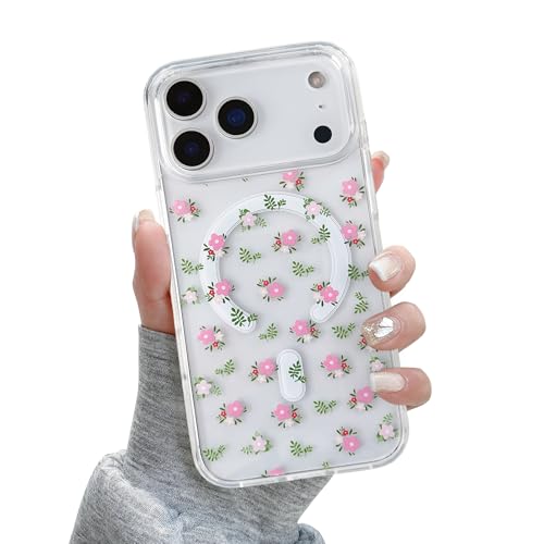 Coque Magsafe iPhone 17 Pro antichoc et transparente au motif floral rose