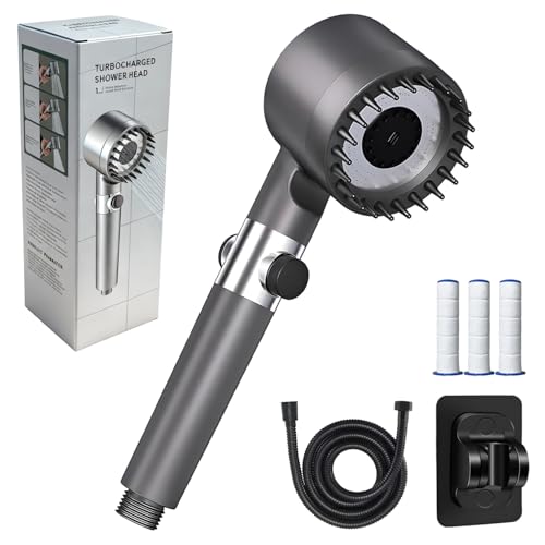 Duschkopf mit Filter, Hochdruck Handbrause mit 3+1 Strahlarten, Filtration in 6 Schichten, Duschbrause mit Stoppfunktion, mit 1.5M Brauseschlauch und Ständer, für Hartes Wasser/Bakterien/Rest-Chlor