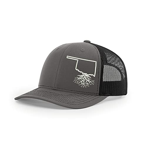 WYR Clothing - Snapback Hat with Oklahoma Roots Design, Stylish Hats for Men and Women, Polyester Cotton Baseball Cap with Mesh Back, Six-Panel Trucker Hats, Universal Size, Charcoal & Black Mesh