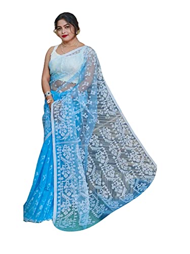 Sari Jamdani en coton blanc tissé main d'Inde robe d'été chic