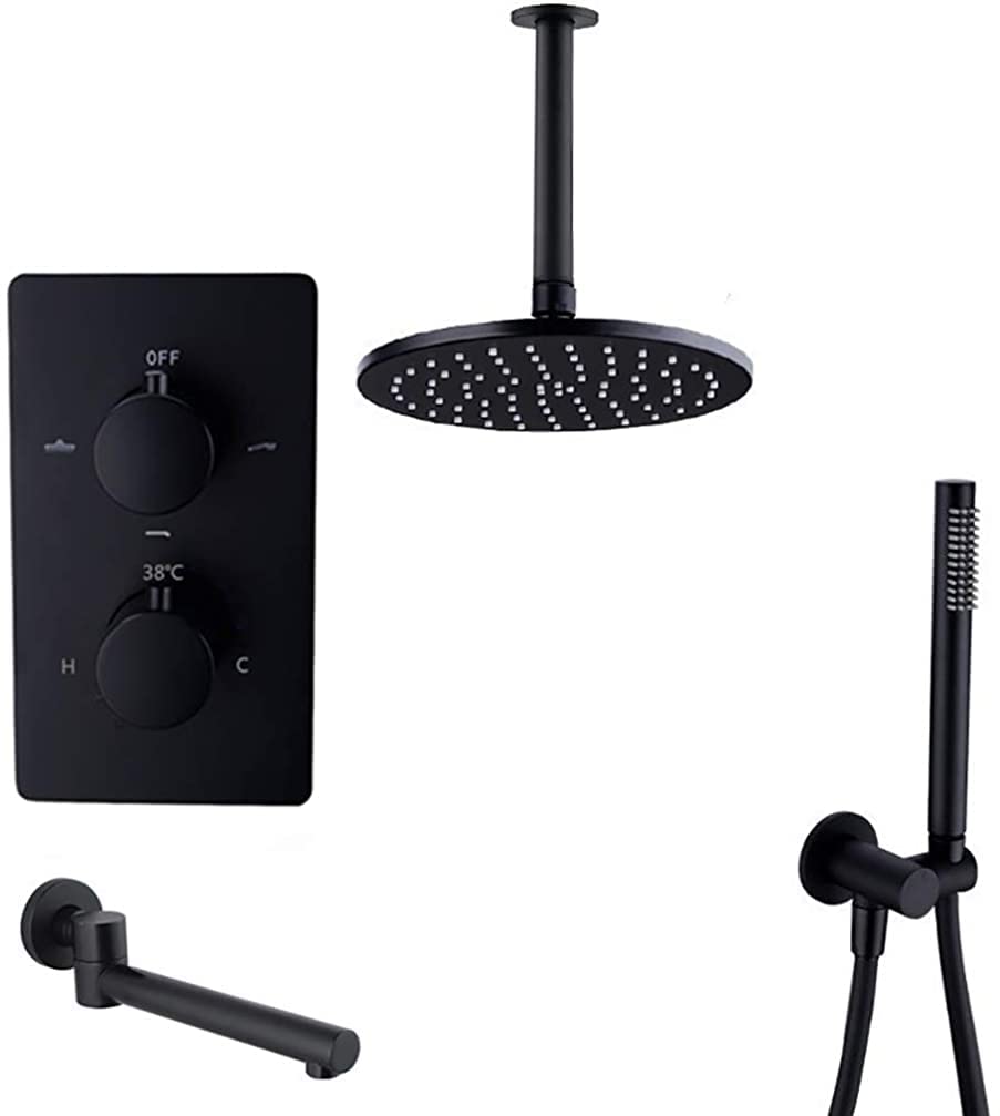 Ensemble de douche thermostatique de luxe en laiton noir mat pour plafond