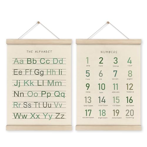 Image of HRQKO Alphabet Numbers Poster Hanger Frame Set of 2, Nursery Wall Decor, Boho ABC Poster Wall Art with Wooden Frames, Sage Green Alphabet Banner Wall Hanging Decor for Toddler Playroom, 12x16 Inch