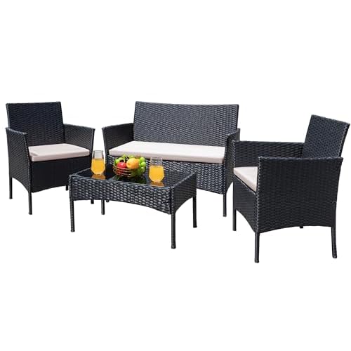 Greesum Patio Furniture 4 Pieces Conversation Sets Outdoor Wicker Rattan Chairs Garden Backyard Balcony Porch Poolside loveseat with Cushion and Glass Table, Black