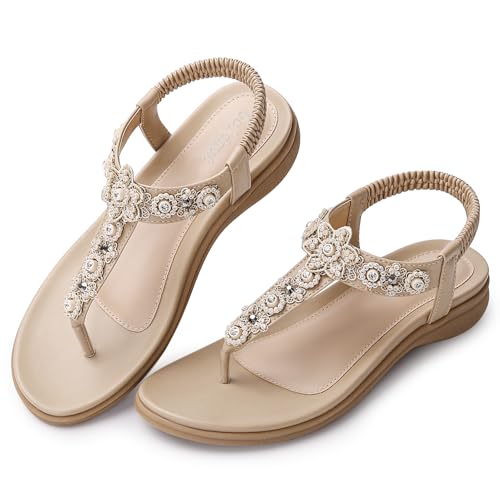 Flat Sandals for Women Dressy - Summer Comfortable Ankle Strap Thong Flats Sandal with Rhinestone for Outdoor Walking3