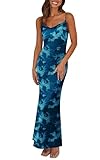 Picture of PRETTYGARDEN Spaghetti Straps Sundress for Women Plus Size Slip Long Dress Stretch Sleeveless Floral Pleated Maxi Dress (Lake Blue, X-Large)