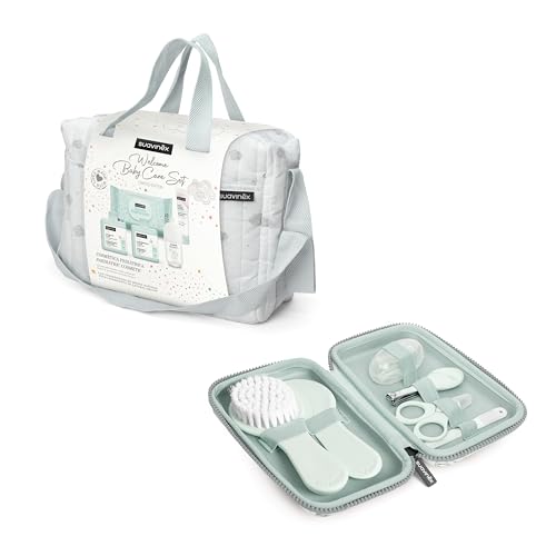 Suavinex, Bolso Carro Bebé con Cosmética y Set Manicura para Recién Nacido. Incluye Gel Syndet, Pomada Pañal, Baby Cologne, Toallitas, Cepillo Peine, Lima, Cortauñas, Cepillo Dental, Verde