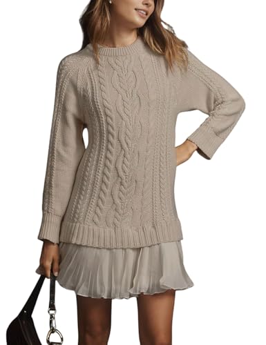Women Crewneck Cable Knit Sweater Mini Dress, Fall Long Sleeve Sweater Dress, Chunky Sweater Spliced Casual Dress