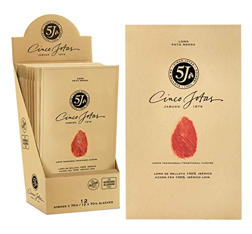 Cinco Jotas - Lomo Bellota 100% Ibérico 5J, caja de 12 sobres de lomo loncheado, 80g