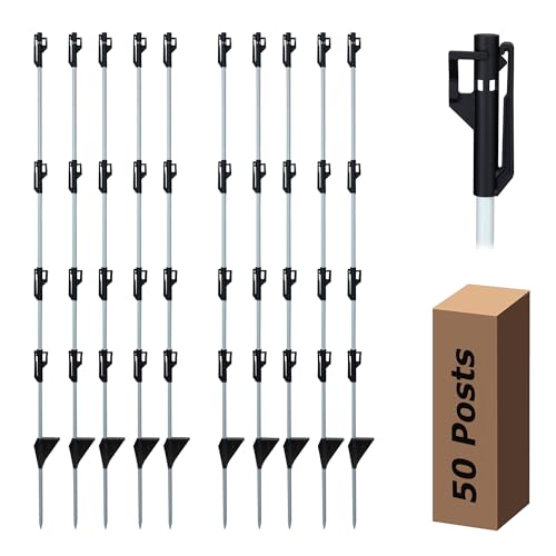 50 Pack Fixed Insulator Fiberglass Posts, 48 Inch Fiberglass Electric Fence Posts, Easy Step-in Posts for Livestock Fencing, Garden Fencing and Boundary Marking,Grey