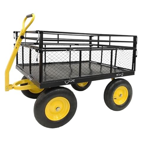 Garden Cart Heavy-Duty Utility Wagon Outdoor Flatbed Trailer Yard Cart Landscape Wagon Farm Trolley Steel Mesh Wagon Material Hauler Cart 44" Lx30 Wx34.8 H 1400 lbs & 16" Pneumatic Wheels Black Cover