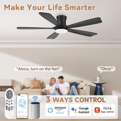 52"Wood Smart Flush Mount Ceiling Fans with Lights Remote,Control via WIFI Alexa Google App,6 Speed,Quiet DC Motor,Modern Black Outdoor Indoor Low Profile Ceiling Fan for Bedroom Patio Porch thumbnail 2