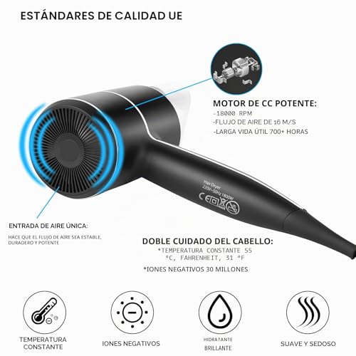 Miniatura 8 de Ql Secador De Pelo Iónico Con Tecnología Thermoprotect 2000w - Soporte De Pared Y Toma Usb - Para Hoteles, Casas - Negro Mate