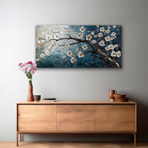 crmotu Large Wall Art for Living Room, Plum Blossom Tree Canvas Prints Paintings, Flowers Branch Room Decorations Artwork, Teal Blue Aesthetic Pictures Wall Decor for Bedroom Bathroom Office 24"X48"