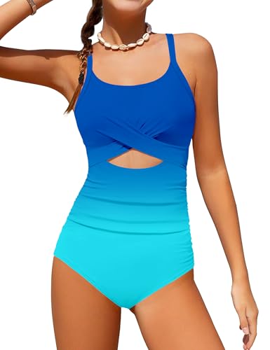 Image of Girl Swimsuit One Piece Cutout Ruched Bathing Suit for Girls Color Block Adjustable Straps Pad Swimwear 9-18y