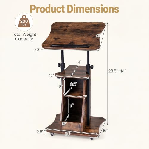Image of POWERSTONE Sit to Stand Mobile Lectern Teacher Podium Stand Rustic Brown | Rolling Laptop Desk Cart with Storage Shelves, Casters, Swivel Top, Height Adjustable, for Classroom, Concert, Church