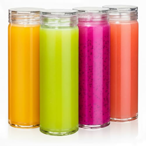 Glass Water Bottles - 4 Pack Wide Mouth Juice Bottles with Clear Lids for Juicing, Smoothies, Fruit Water, Teas, Beverage Storage - 16oz, Leakproof, Reusable, Borosilicate