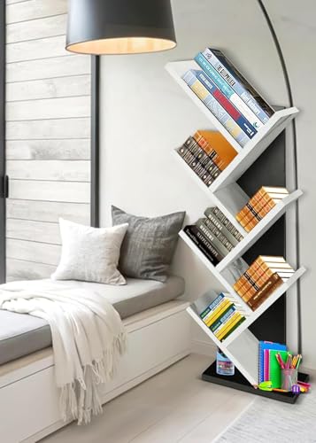 Image of SBF Furniture Modern Tree Shape Wood Bookcase, 7-Tier Book Rack, Storage Rack Shelves in Living Room, Free-Standing Books Holder Organizer, Space Saver for Home, Office, Set of 1 (DIY) (Black &White)
