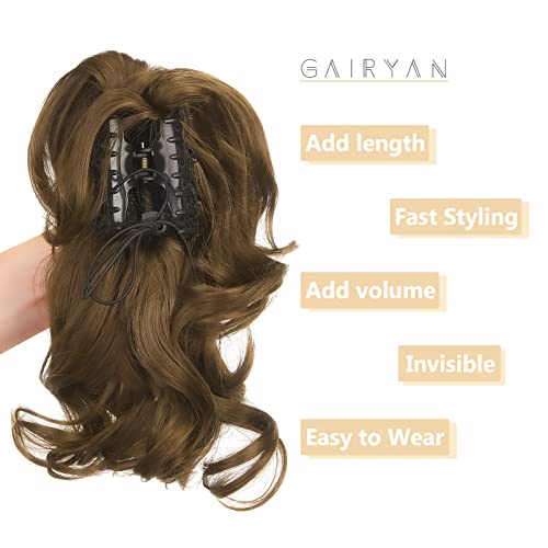 Gairyan 12" Clip in Ponytail Hair Extensions Curly Ponytail Extension Claw on Pony tails Wavy Synthetic Hairpieces for Women Real Look Short Wave (Ash Brown) - Image 4