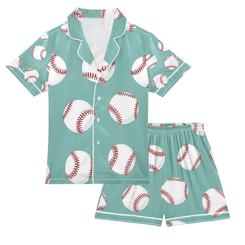 senya Baseball Light Blue Satin Summer Pajama Sets Silk Short Sleeve Button Down Sleepwear
