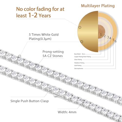 KRKC&CO Tennis Necklace Chain for Men, 3/4/5mm, Luxury Anniversary Birthday Gift for Him, Gold/White Iced Out Prong-Setting 5A Cubic Zirconia Stones Hip Hop Rappers Jewelrys2