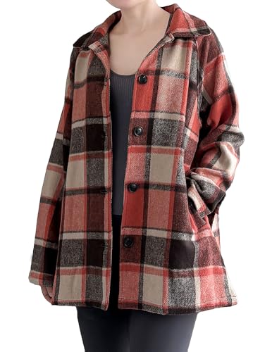 Minibee Women's Flannel Plaid Shacket Long Sleeve Jacket Button Down Shirts Coats with Pockets