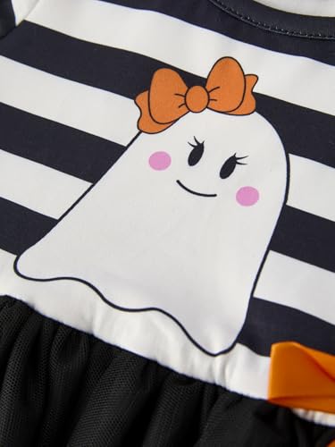 Halloween - Themed Black & White Striped Long - Sleeve Girls' Dress with Ghost Print & Orange Bow3