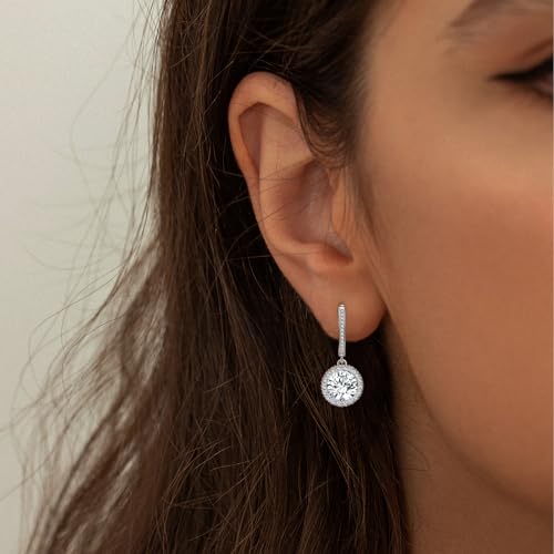 Sterling Silver Dangle Earrings with White Gold Plated Hoop Drop Charms Round Halo Earring Dainty Cubic Zirconia Hypoallergenic Fashion Jewelry Birthday Gift for Women2