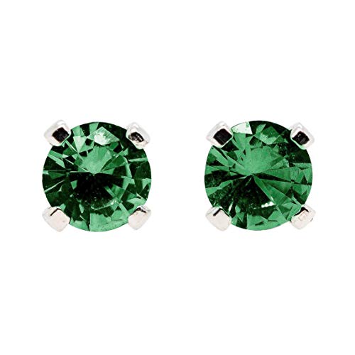 6mm Green Emerald Gemstone Stud Earrings in Sterling Silver - May Birthstone