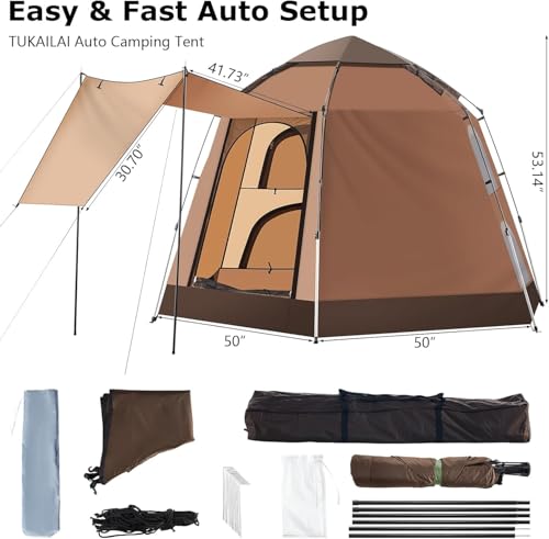 TUKAILAI Instant Camping Tent for 3-4 Person, Hexagonal Design Automatic Dome Tent with 4 Mesh Windows and 1 Door, Easy Setup Pop Up Tent with Vestibule & Rainfly
