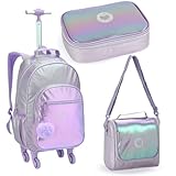 Kit Escolar Feminino de Moda Teen, Mochila com Rodinhas + Lancheira Térmica com Alça Transversal + Estojo Porta Lápis (Lilás)