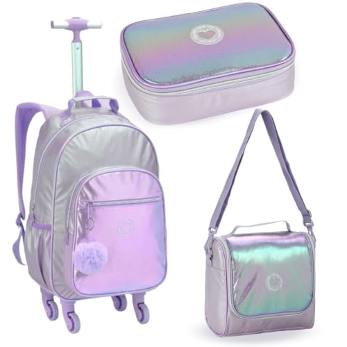 Kit Escolar Feminino de Moda Teen, Mochila com Rodinhas + Lancheira Térmica com Alça Transversal + E