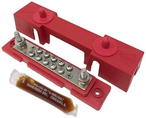 Bay Marine Supply Busbar – 10-Point Power Distribution Block (150A Rating) – #8 Terminal Screws & Two 1/4" Studs – Red Bus Bar (with Complimentary Electrical Grease)