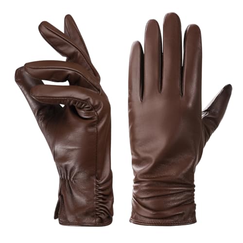 BISON DENIM Winter Leather Gloves for Women Cashmere Lined Sheepskin Gloves