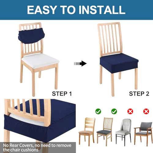 Image of Smiry Waterproof Seat Covers for Dining Room Chairs, No Rear Covers | Stretch Jacquard Removable Washable Chair Seat Slipcovers Protector, Set of 4, Navy