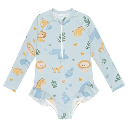 Cute Animal Light Blue Rash Guard One Piece Girls Swimsuit Long Sleeve Ruffles Swimwear Bathing Suits for Kids 3T