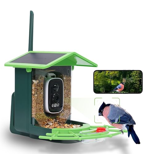 Bird Feeder with Camera, AI Birds Identification, Solar Powered, Live View, Instant Alerts, Capture Bird Videos, 2K HD Camera, Ideal Gift for Family and Enthusiasts (Green) by JIFUGLOB - Used condition - US$35.04