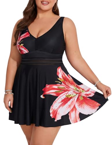 Hanna Nikole Women's Plus Size Bathing Suit One‑Piece Swim Dress with Tummy Control – Modest V‑Neck Swimwear, Lily 22 Plus