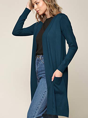 Image of Long Knit Cardigan with Pocket: Open Front, Long Sleeve, Solid Teal by Made By Johnny