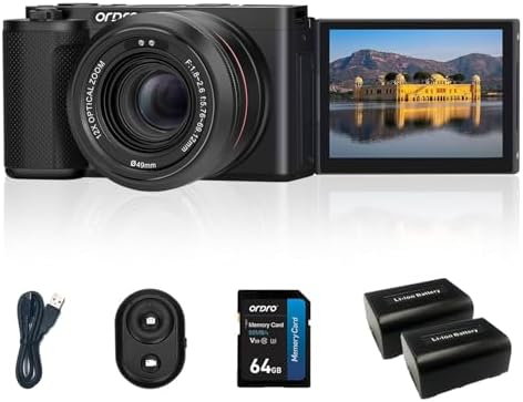 ORDRO 5K Digital Camera Vlogging Camera for Content Creators and Vloggers, 64MP Digital Camera for Photography Flip Screen, 12X Optical Zoom Camera, Auto Focus, IR Night Vision Function, 64GB Card