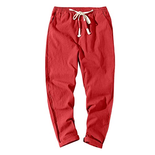 Pantalones Luomo negro,Pantalones casuales para hombre de algodón y lino Color sólido Pantalones deportivos delgados de lino japoneses Pantalones técnicos, rojo, L