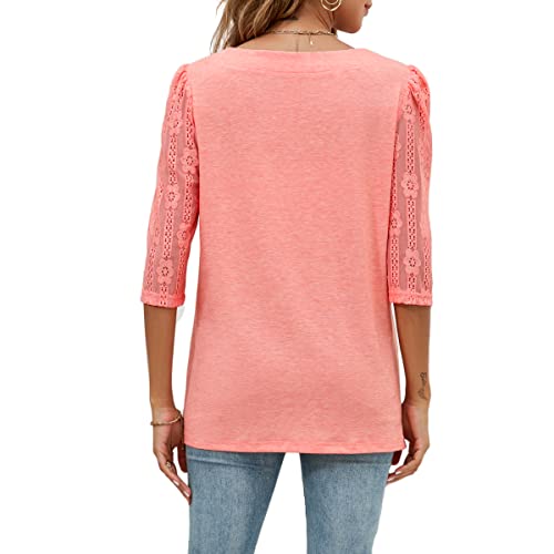 Ferriweel Women's Lace 3/4 Sleeve Square Neck T-Shirts Summer Casual Blouse Tunics Tops For Women Pink #TOP4