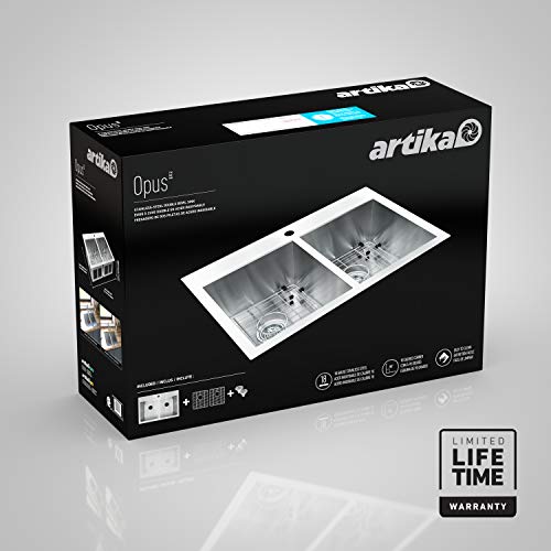 Artika SQ220GS18-CCA 31\"x 20\" Double Bowl Undermount or Drop-in 18 Gauge 50/50 Kitchen Sink Stainless Steel with Grids Included, Brushed Nickel - Thumbnail 6