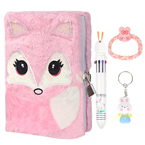 ParkistStar Plush Diary, Diary with Lock for Girls, Cute Pink Fox Kids Journal Notebook Set, Fuzzy Notebook Does Not Shedï¼School Gift for Girls Lined Plush Notebook with PenãLockãBracelets and Stickers, Birthday Gift A5