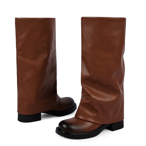 Image of Knee High Boots Women Fold Over Boots Chunky Heel Pointed Toe Tall Boots | Fashion Slouchy Boots,Side Zipper Shark Boots,Fall Spring Winter Fashion Dress Tall Boots,Evening Bridal office Long Boots