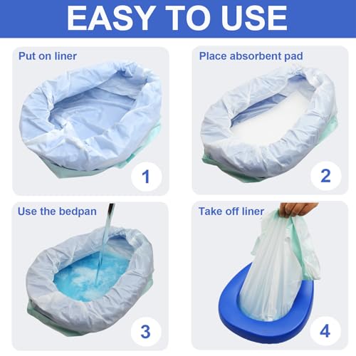 JedJadr Bed Pan Set with 30 Disposable Liners, 30 Absorbent Pads, 80 Gloves and a Cleaning Brush – Durable Bed Pan for Women, Bed Pans for Elderly Men – Comfortable Bedpans for Home Use