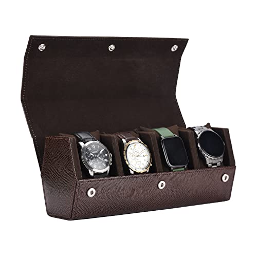 Image of essart Premium 4 Watch Roll Organizer - Leather Travel Watch Case with Soft Velvet Interior, Secure Button Closure, Luxury Watch Storage