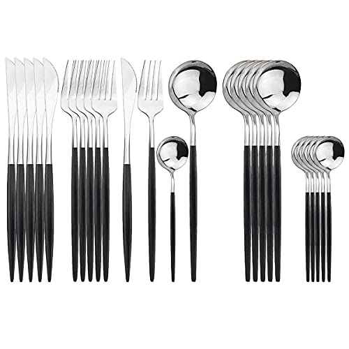Uniturcky Silver Silverware Set, 24-Piece Stainless Steel Flatware Set Service For 6, Mirror Polished Black Handle Tableware Cutlery Set Knife Fork And Spoon For Home & Restaurant, Dishwasher Safe
